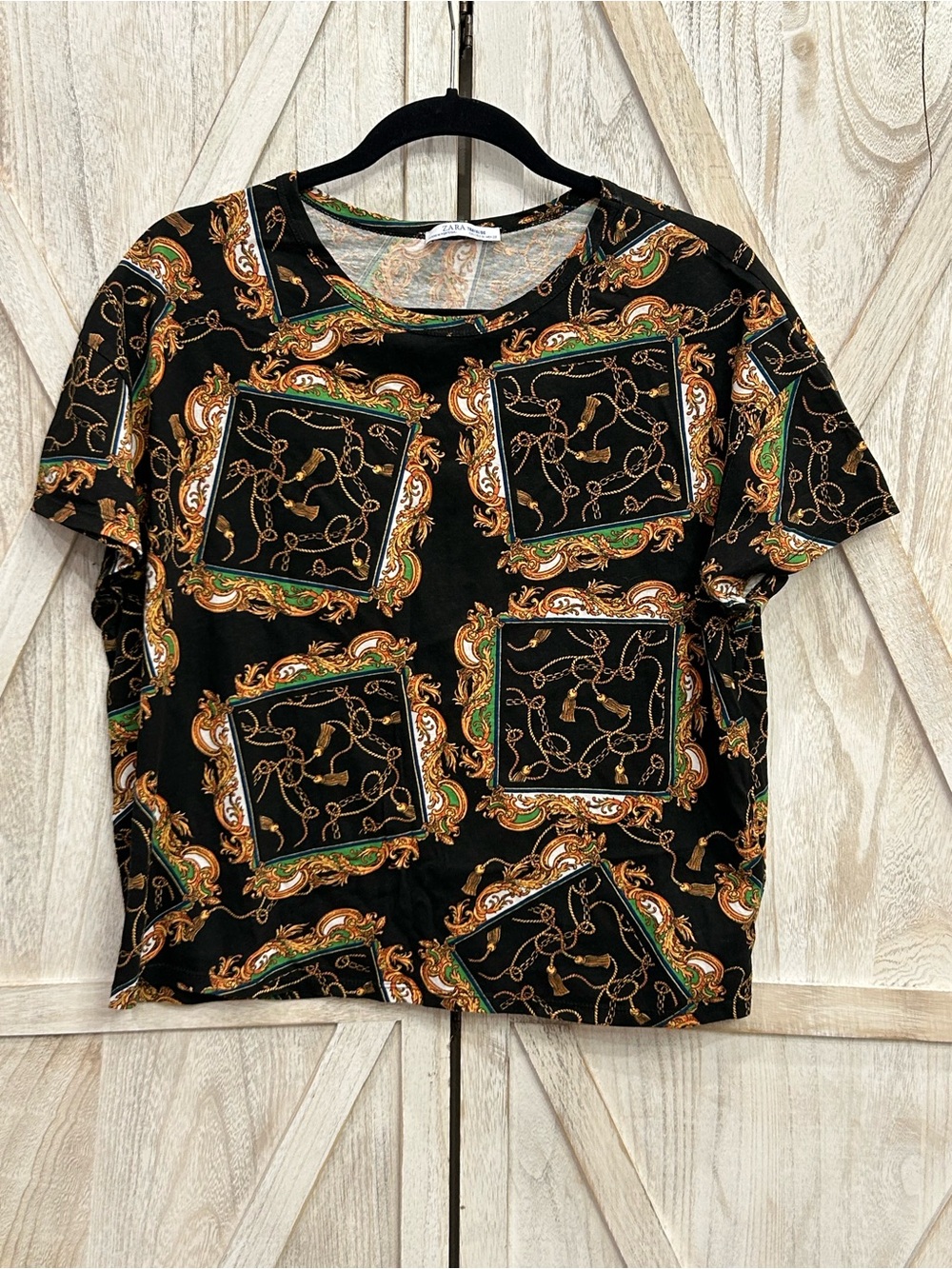 Zara Black Short Sleeve Top with Gold and Green Chain Print